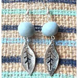 Handmade Silver Leaf Earrings with Gray Clay Bead – Artisan Dangle – 2.5" Long